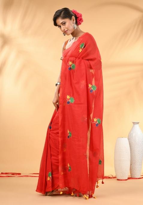 Red Floral Embroidery Mulmul Saree