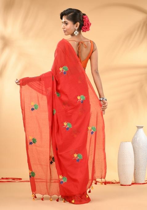 Red Floral Embroidery Mulmul Saree