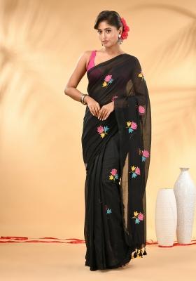 Black Floral Embroidery Mulmul Saree