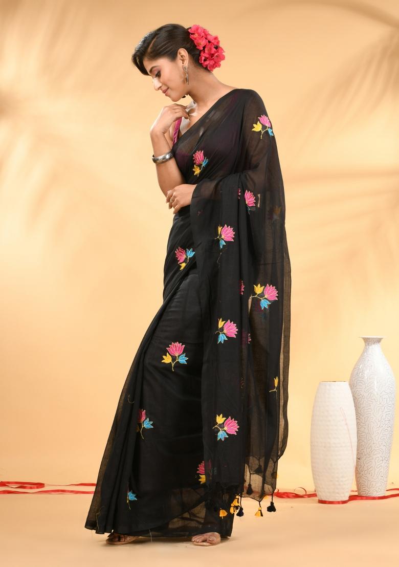 Black Floral Embroidery Mulmul Saree - Indya