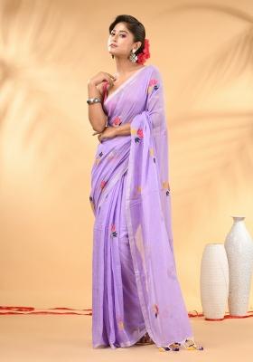 Lavender Floral Embroidery Mulmul Saree
