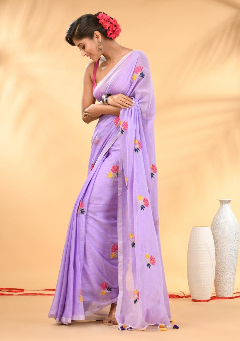 Lavender Floral Embroidery Mulmul Saree - Indya