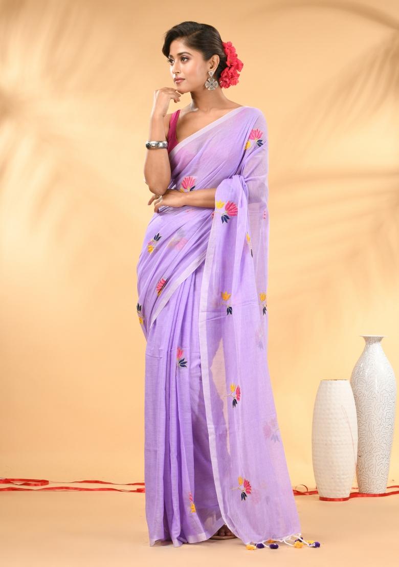 Lavender Floral Embroidery Mulmul Saree - Indya