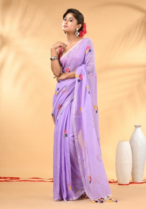 Lavender Floral Embroidery Mulmul Saree