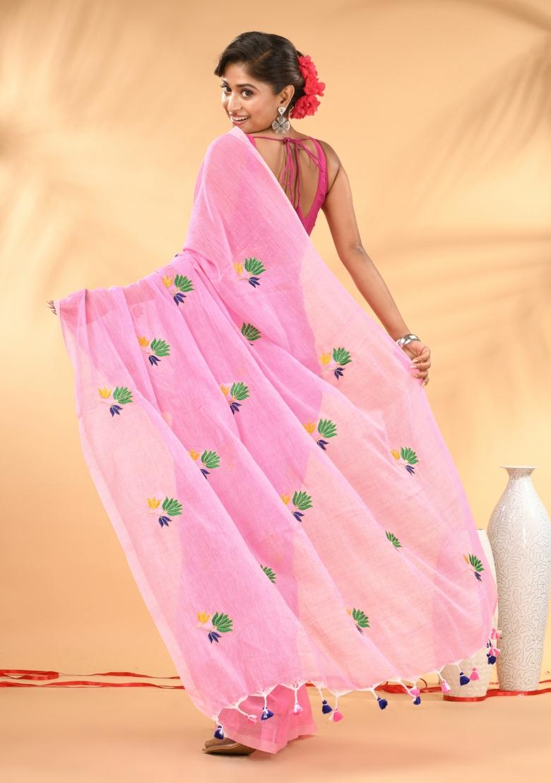 Pink Floral Embroidery Mulmul Saree