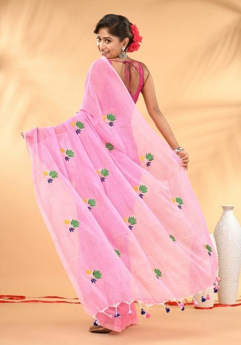Pink Floral Embroidery Mulmul Saree