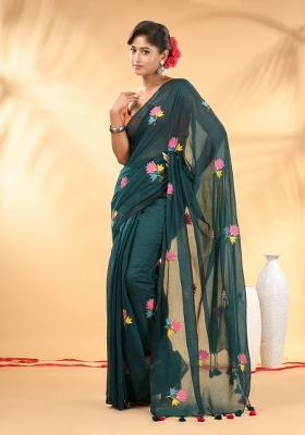 Teal Floral Embroidery Mulmul Saree