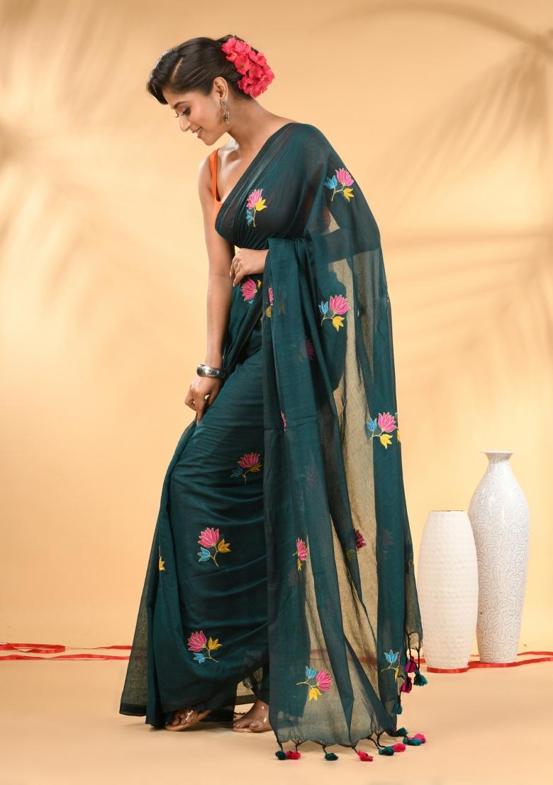 Teal Floral Embroidery Mulmul Saree - Indya