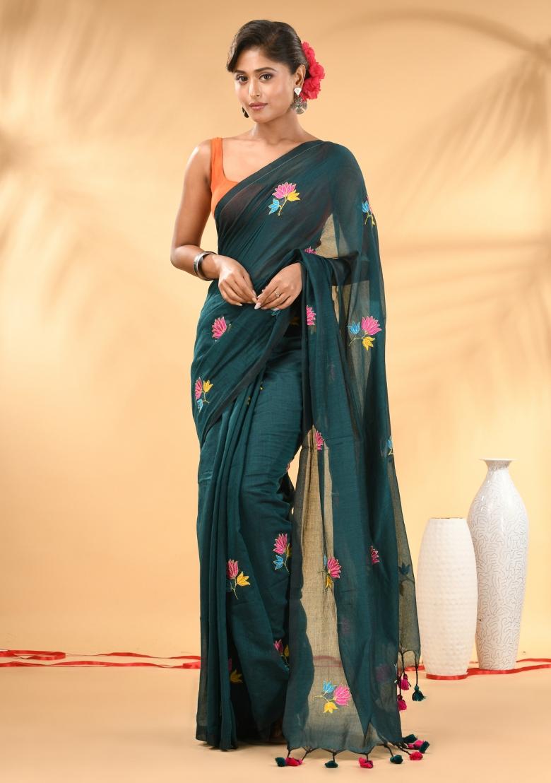 Teal Floral Embroidery Mulmul Saree - Indya