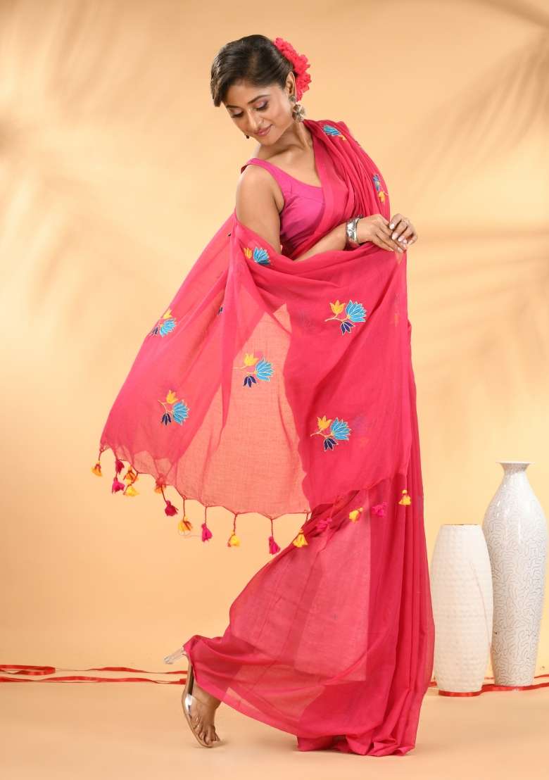 Rani Pink Floral Embroidery Mulmul Saree - Indya