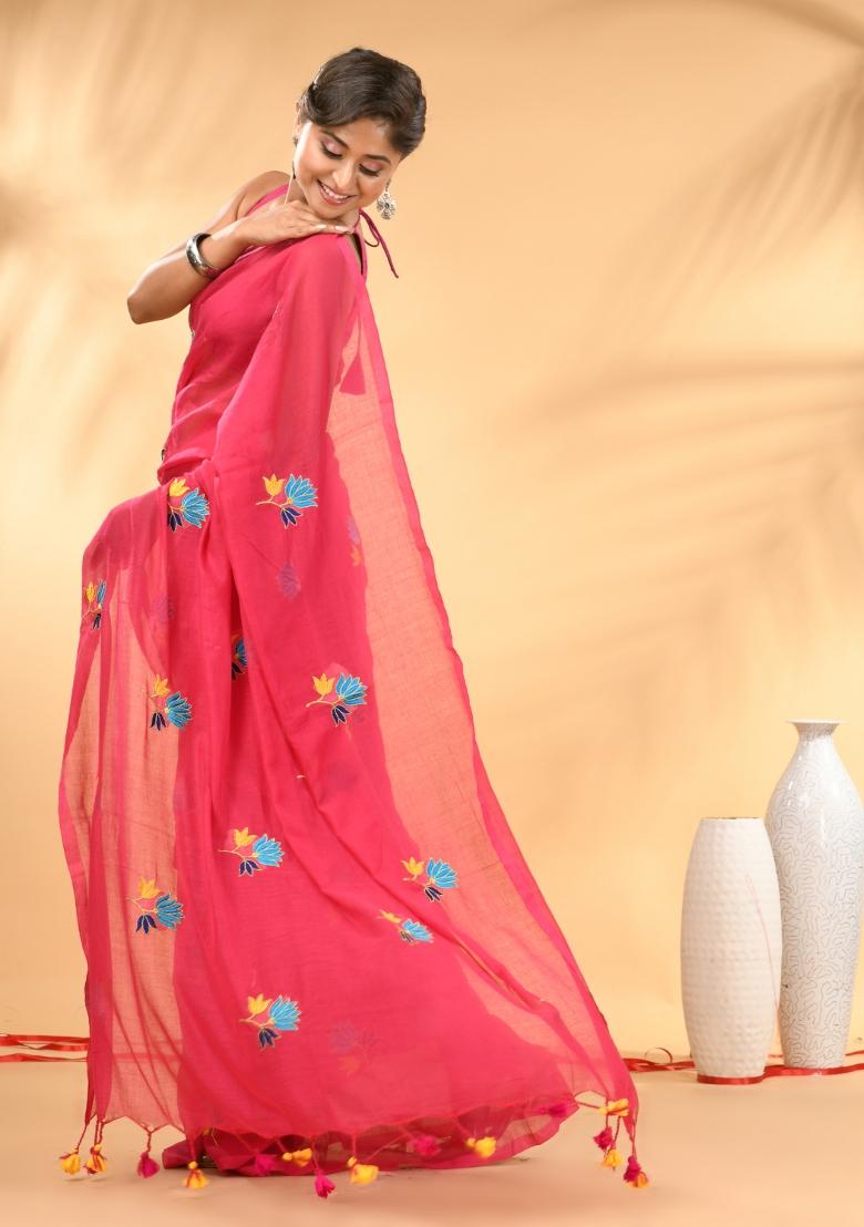 Rani Pink Floral Embroidery Mulmul Saree - Indya