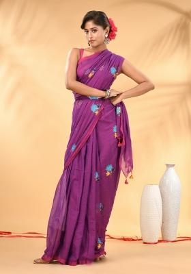Purple Floral Embroidery Mulmul Saree