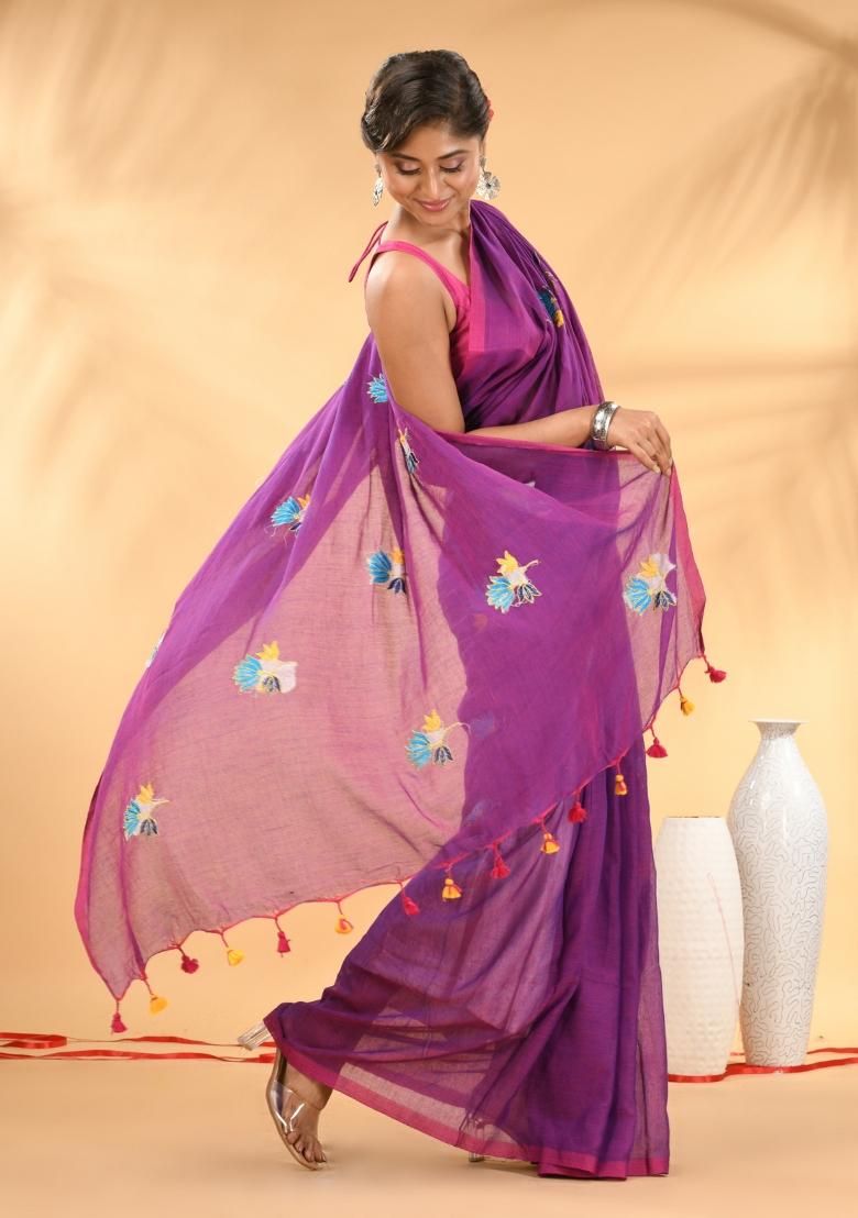 Purple Floral Embroidery Mulmul Saree - Indya