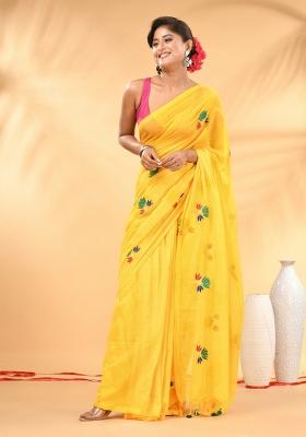 Yellow Floral Embroidery Mulmul Saree