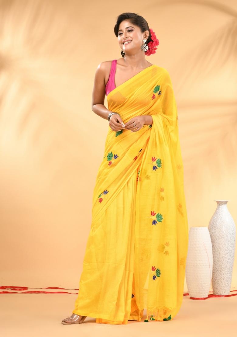 Yellow Floral Embroidery Mulmul Saree - Indya