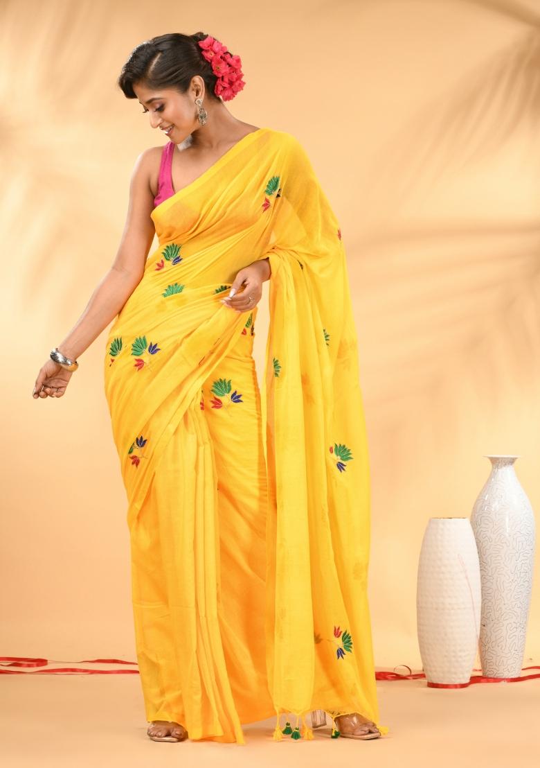 Yellow Floral Embroidery Mulmul Saree