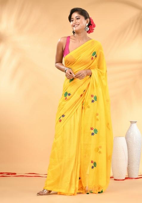 Yellow Floral Embroidery Mulmul Saree