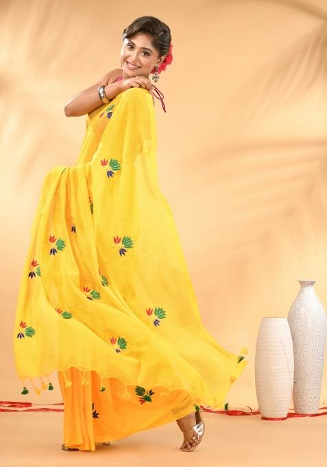 Yellow Floral Embroidery Mulmul Saree