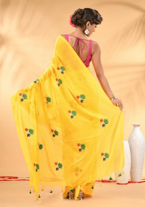 Yellow Floral Embroidery Mulmul Saree