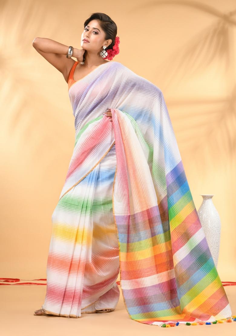 White And Multi Floral Embroidery Mulmul Saree