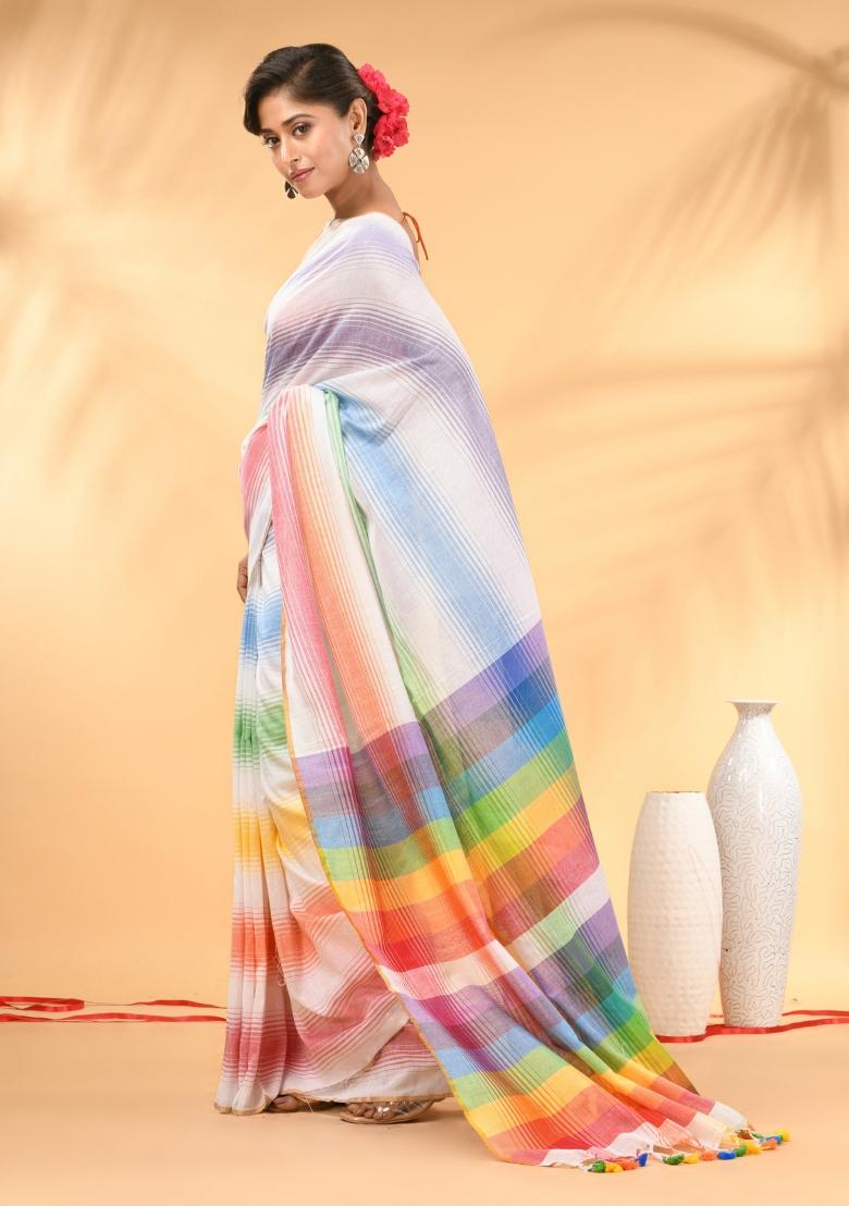 White And Multi Floral Embroidery Mulmul Saree - Indya