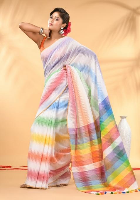 White And Multi Floral Embroidery Mulmul Saree