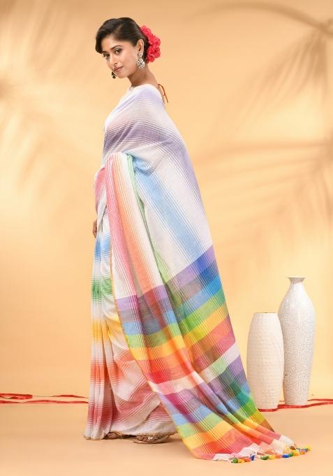 White And Multi Floral Embroidery Mulmul Saree