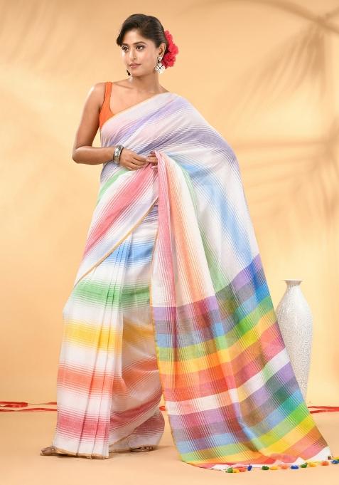 White And Multi Floral Embroidery Mulmul Saree