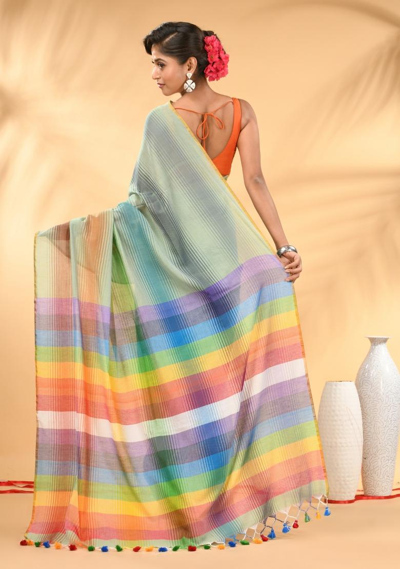 Pistachio Green And Multi Floral Embroidery Mulmul Saree - Indya