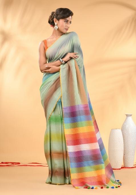 Pistachio Green And Multi Floral Embroidery Mulmul Saree