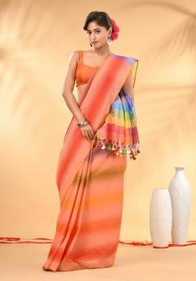 Peach And Multi Floral Embroidery Mulmul Saree