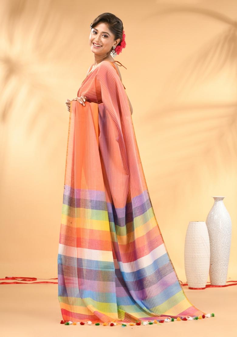 Peach And Multi Floral Embroidery Mulmul Saree - Indya