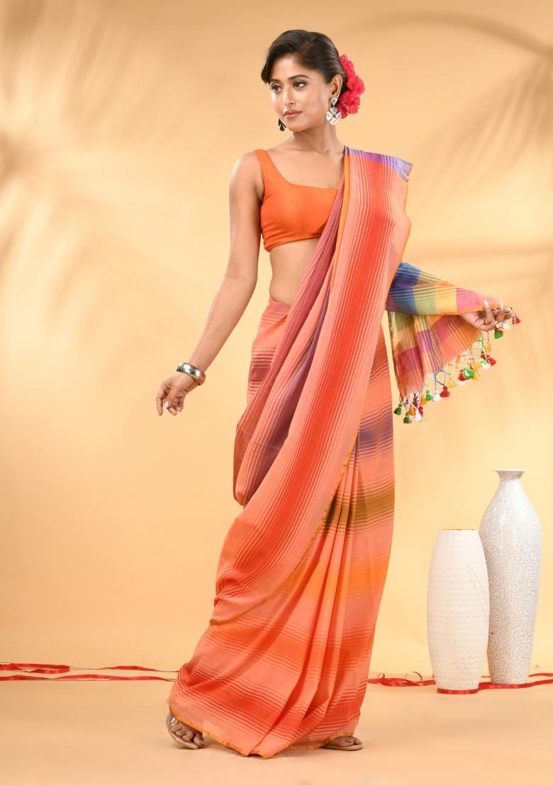 Peach And Multi Floral Embroidery Mulmul Saree - Indya