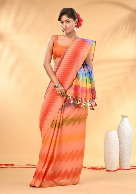 Peach And Multi Floral Embroidery Mulmul Saree