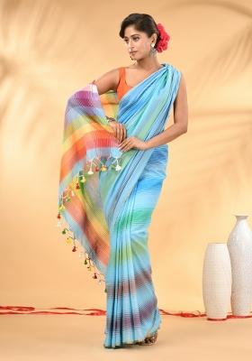 Sky Blue And Multi Floral Embroidery Mulmul Saree