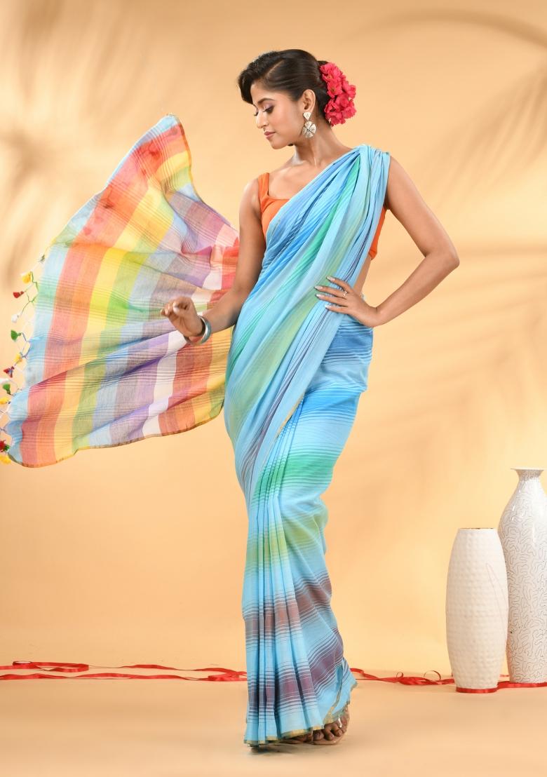 Sky Blue And Multi Floral Embroidery Mulmul Saree - Indya