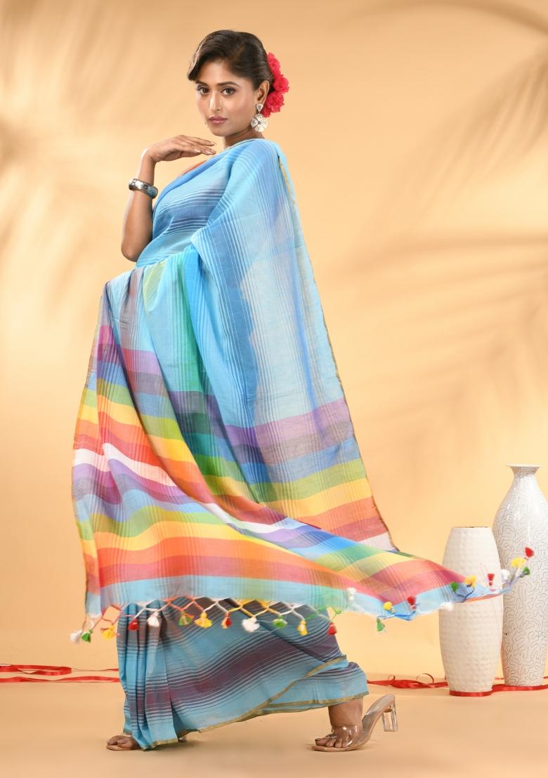 Sky Blue And Multi Floral Embroidery Mulmul Saree - Indya