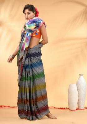 Grey And Multi Floral Embroidery Mulmul Saree