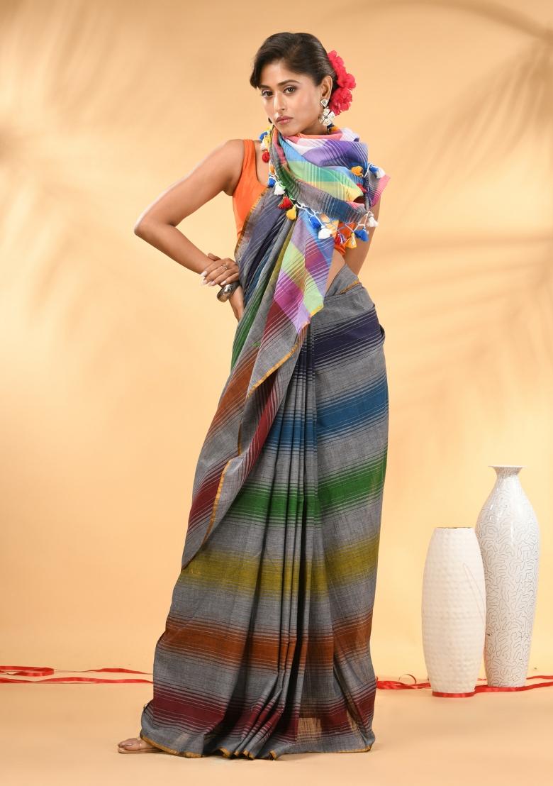 Grey And Multi Floral Embroidery Mulmul Saree - Indya