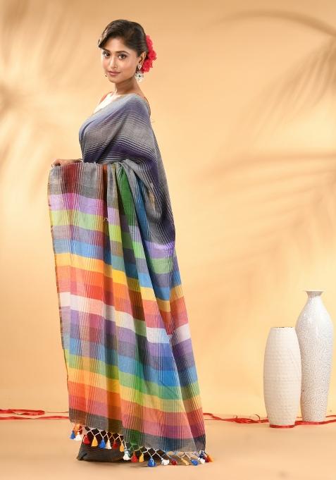 Grey And Multi Floral Embroidery Mulmul Saree