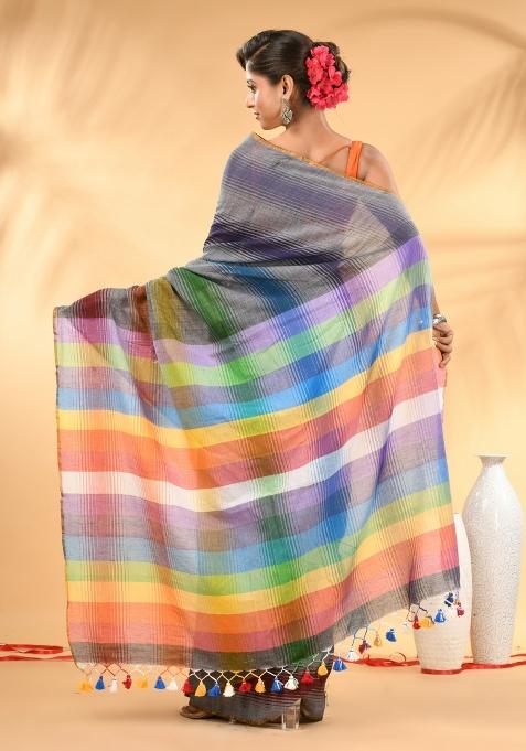 Grey And Multi Floral Embroidery Mulmul Saree