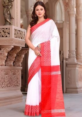 White And Red Printed Cotton Saree Set