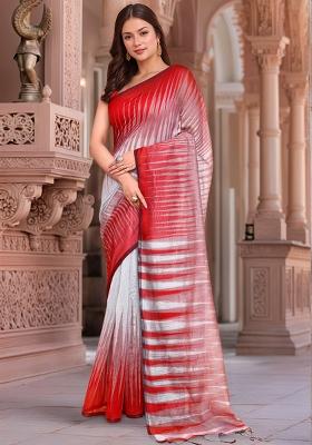 Red Printed Cotton Saree Set
