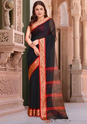 Black Red Zari Cotton Saree Set