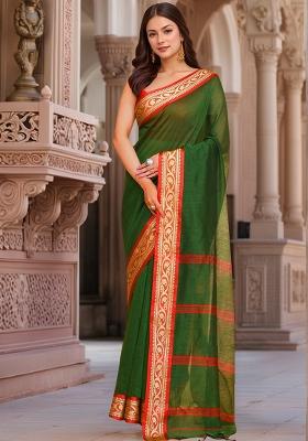 Green And Red Zari Cotton Saree Set