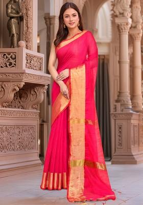 Pink Zari Cotton Saree Set