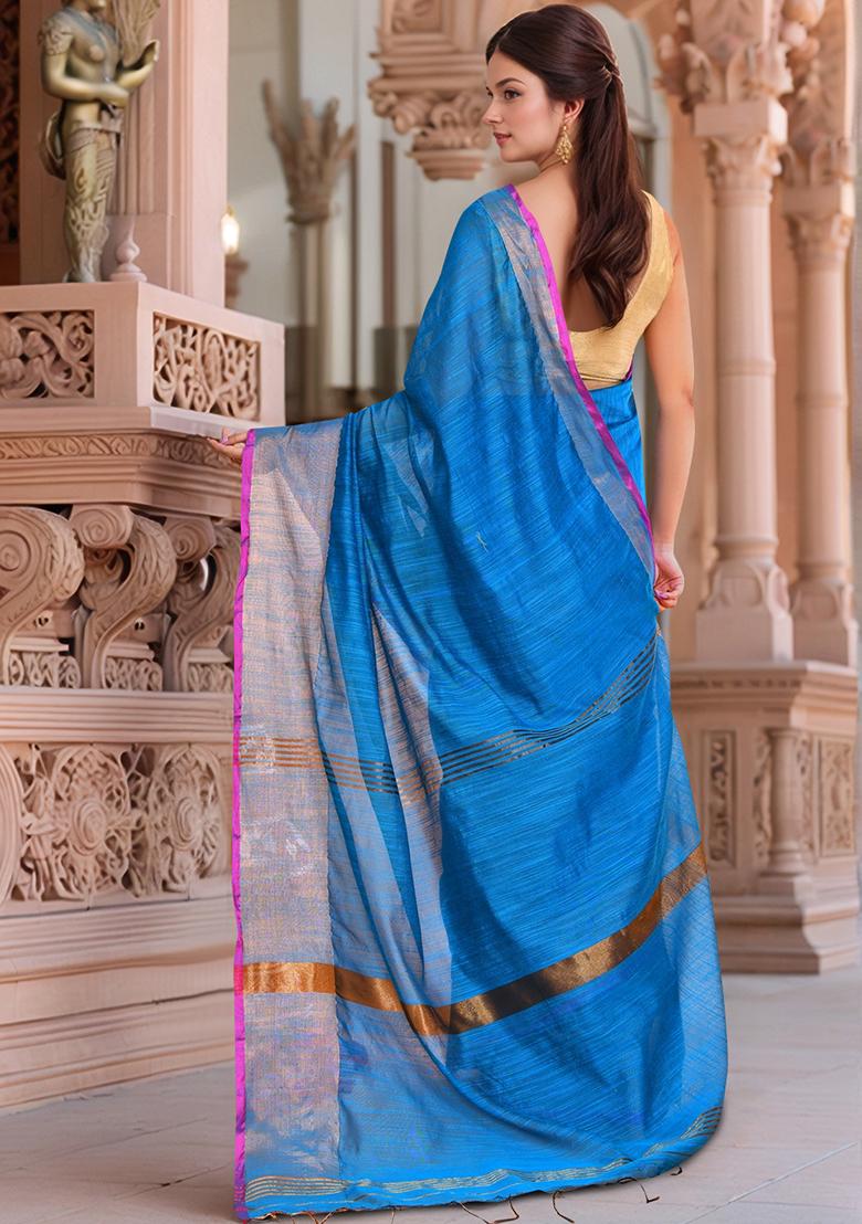 Blue Zari Cotton Saree Set - Indya