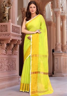 Light Green Solid Cotton Saree Set