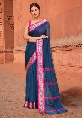 Blue And Pink Zari Cotton Saree Set
