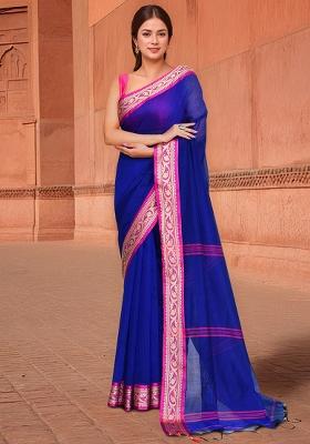 Blue And Pink Zari Cotton Saree Set